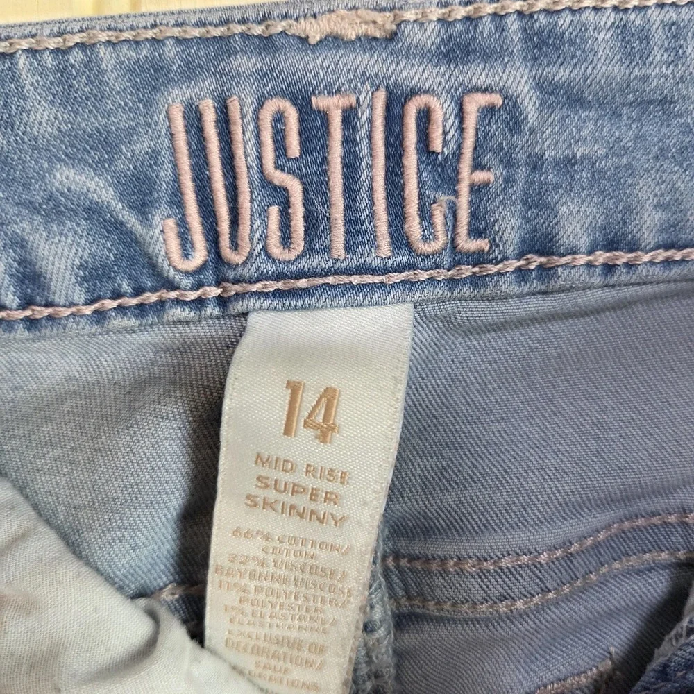 Justice Jeans Girls 14 Blue Mid Rise Super Skinny Distressed Raw Hem Denim